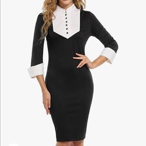 Black and White Button Down High Neck Stand Collar Midi Dress